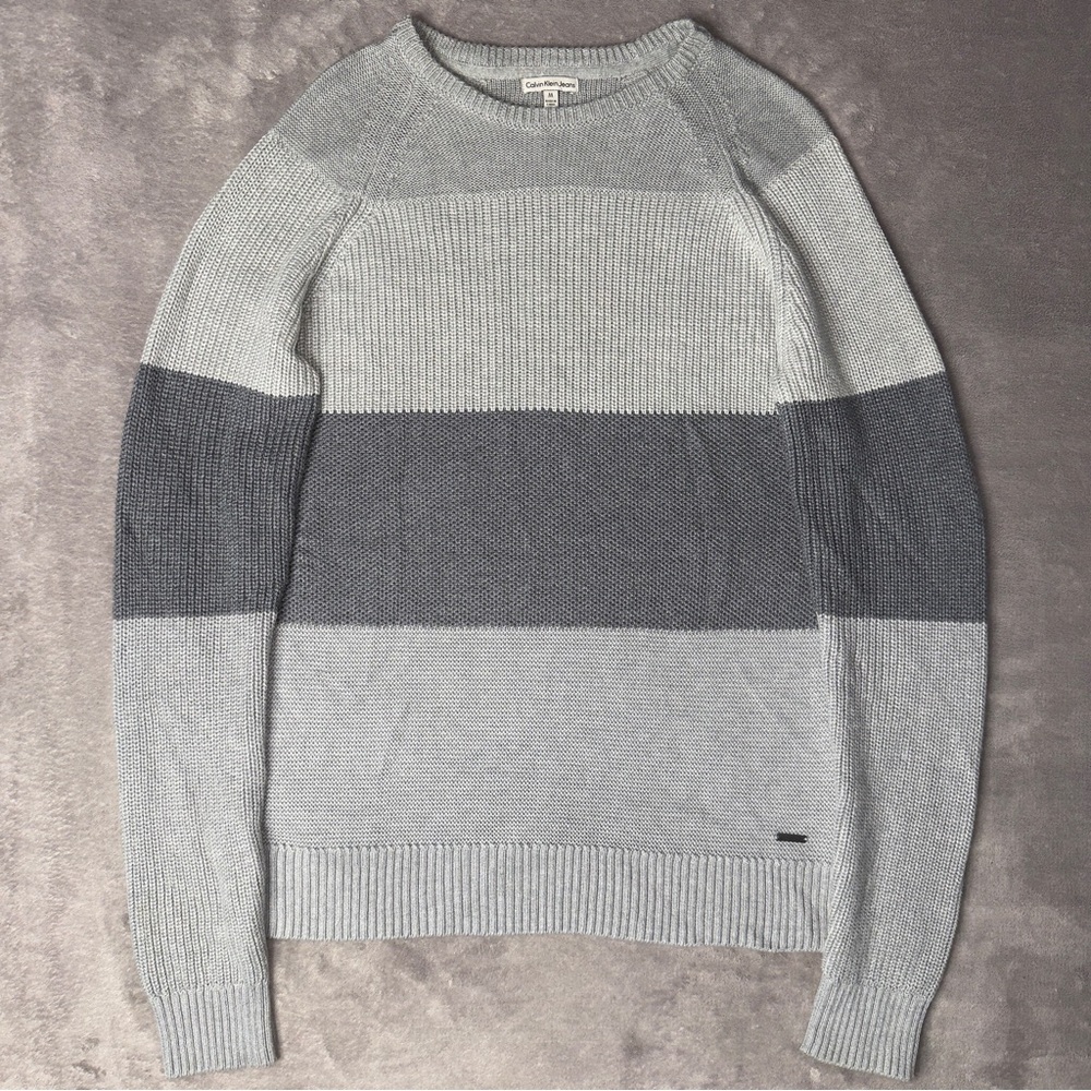 Calvin Klein Jeans Grey Color Block Crewneck Pullover Sweater - Men's Medium